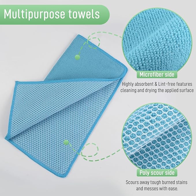 SINLAND Microfiber Dish Cloth for Washing Dishes Dish Washing Rags Best Kitchen Washcloth Cleaning Cloths Wash Cloths with Poly Scour Side 12Inchx12Inch 10 Pack Blue