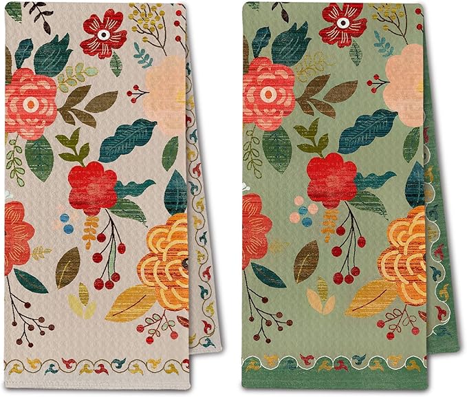 Vintage Boho Floral Kitchen Towels, Retro Colorful Flower Dish Tea Towels Drying Cloth for Kitchen, Boho Wildflower Green and Beige Decorative Hand Towels for Bathroom, 16x24 Inch Set of 2