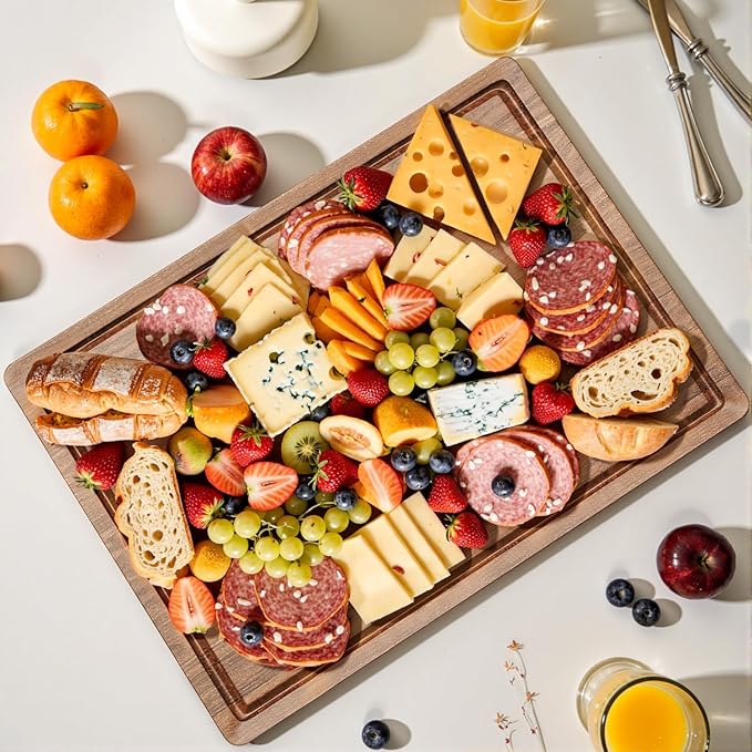 Acacia Wood Cutting Boards for Kitchen, 17x12 Inch Butcher Block with Deep Juice Grooves & Non-Slip Handle Reversible Chopping Board for Meat Cheese Vegetables