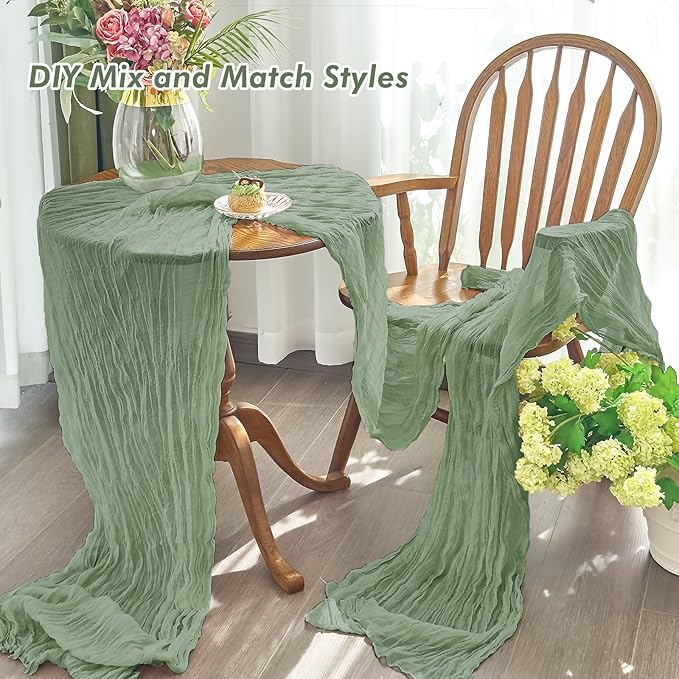 IVAPUPU 2 Pcs Cheesecloth Table Runner - 10ft Sage Green Boho Gauze Cheese Cloth Table Runners for Baby Shower Decorations Wedding Party Spring Garden Farmhouse