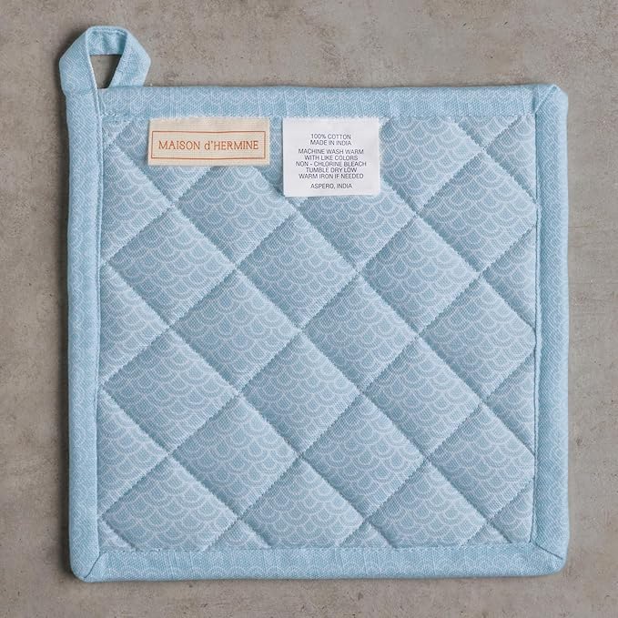 Maison d' Hermine Pot Holders 100% Cotton Heat Resistant Potholders 8" x 8" Hot Pads with Loop BBQ Cooking Baking Gifts for Mothers Day Handling Hot Pans Spring/Summer (Pack of 2, Ibiza - Blue)
