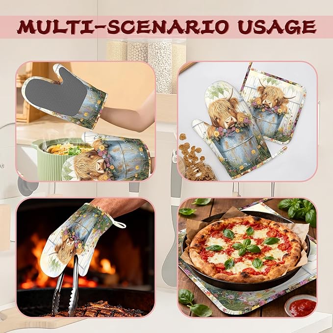Cute Highland Cow Flowers Garden Heat-Resistant Silicone Oven Mitts and Pot Holders 4 Piece Set,Extra Long Non-Slip Kitchen Oven Gloves for Cooking, Baking, BBQ,Grilling