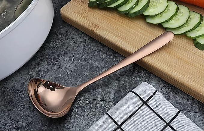 Comicfs Soup Ladle, 4 Pack Durable SUS 304 Stainless Steel with Polished Titanium Plated Big Volume Soup Spoon, Kitchen Gadget Utensil 8-Inch (Rose Gold)