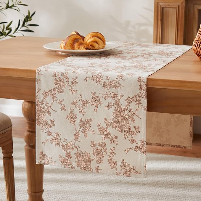 100% Cotton French Pastoral Table Runners, 13x36 Inch Terracota Farmhouse Table Runners 36 Inches Long, Vintage Flowers Print Home Decors