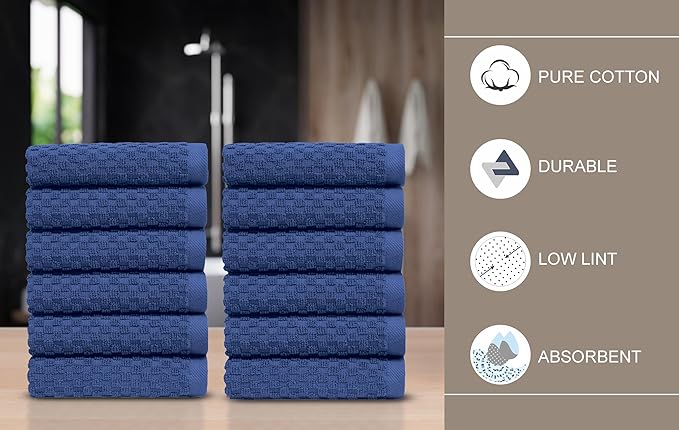 COTTON CRAFT Euro Spa Waffle Wash Cloth - Set of 12 Luxury Pure Ringspun Cotton Waffle Weave Bathroom Face Towel - Everyday Absorbent Hotel Gym Shower Beach Kitchen Travel Dorm - 12x12 inches - Blue
