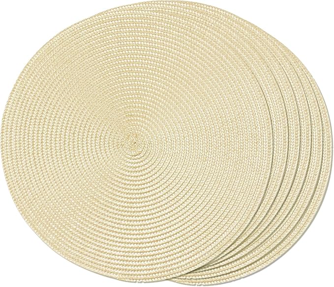 FunWheat Round Braided Placemats Set of 6 Table Mats for Dining Tables Woven Washable Non-Slip Place mats 15 inch(Beige, 6pcs)