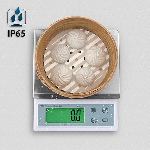 Polit Sun Lite IP65 Waterproof Baking Scale — 6.6lb/3kg Auto-Precision 0.1g/0.5g/1g Digital Kitchen Scale with Green LCD, Dual Power & Detachable Stainless Tray for Pastry, Seasoning & Daily Cooking