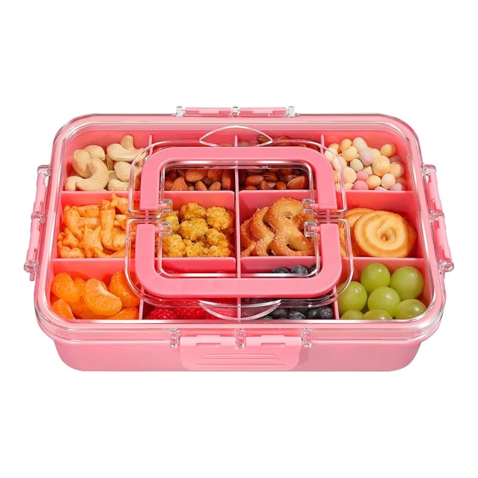 Xyptorix Snack Box Container for Kids - Adjustable 12-Compartment Snack Containers, Reusable Bento Box, Dishwasher Safe, BPA-Free, Perfect for School, Travel, Camping & Picnic, Pink