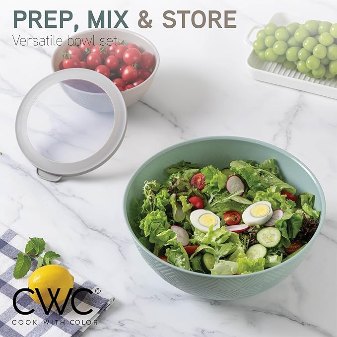 COOK WITH COLOR Mixing Bowls with Lids - 12 Piece Plastic Nesting Bowls Set includes 6 Prep Bowls and 6 Lids, Microwave Safe Mixing Bowl Set, Mint Rhombus