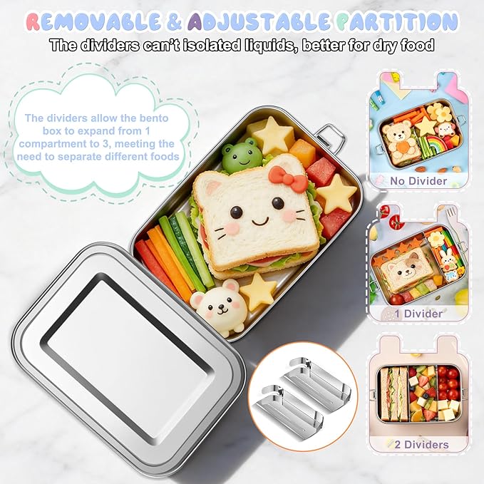TeamFar Stainless Steel Bento Box, 2 Pack 47oz/1400ml Metal Lunch Box with 3 Compartments for Adults Kids, Large Lunch Food Containers for School/Work/Meal Prep, Leak-Proof & Dishwasher Safe