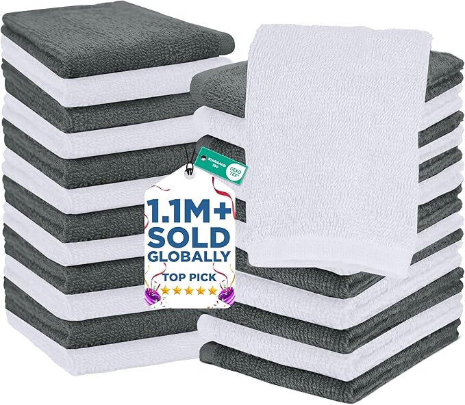 DAN RIVER 24 Pack Wash Cloths for Showering [12x12] - 100% Cotton Washcloths Premium Quality Flannel Face Cloths for Bathroom, Highly Absorbent and Soft Feel Wash Clothes, Grey & White