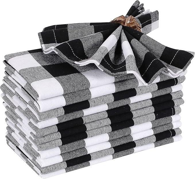 Lightnpro Buffalo Plaid Cloth Napkins Set of 12 – Checkered Cotton Dinner Napkins, Soft & Durable, 18x18 Inch, Black & White, Perfect for Dining, Parties & Everyday Use