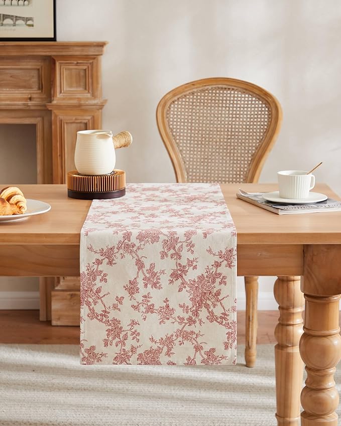 100% Cotton French Pastoral Table Runners, 13x72 Inch red Farmhouse Table Runners 72 Inches Long, Vintage Flowers Print Home Decors