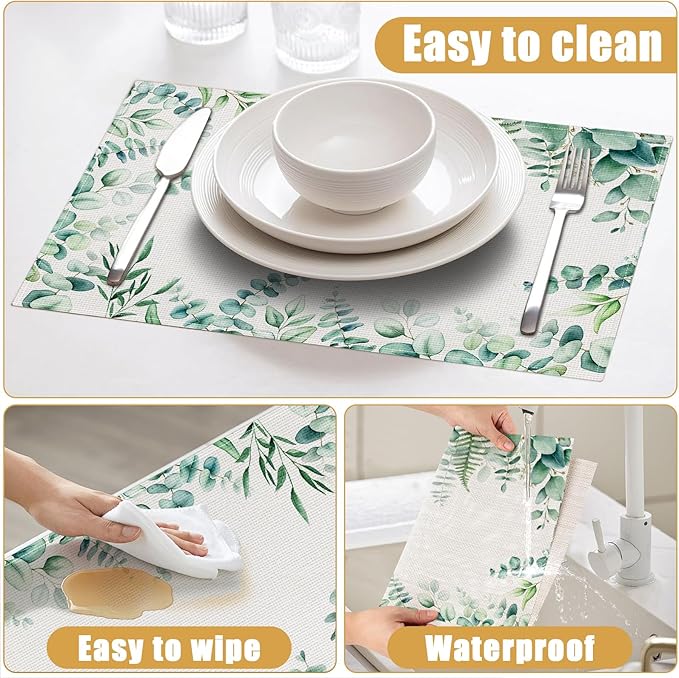 Eucalyptus Leaves Placemats Set of 6, Sage Green Linen Place Mat Washable Stain Resistant Table Mats for Farmhouse Kitchen Dining Party Wedding Decor 12x18 Inch