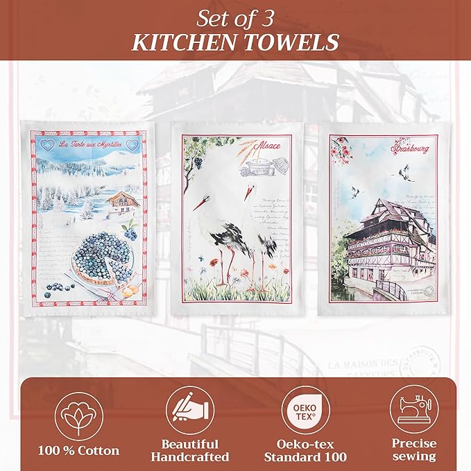 Maison d' Hermine Kitchen Towels Set of 3 100% Cotton 27.50" x 20" Reusable Cloth Tea Dish Towels Absorbent with Hanging Loop for Kitchen Gifts for Mothers Day Spring/Summer (Mulhouse)