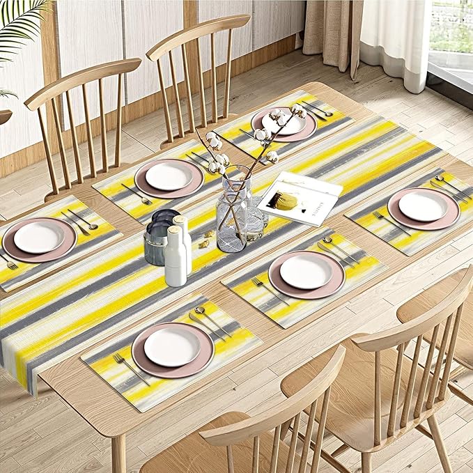 Emvency Yellow Grey White Abstract Painting Table Runner and Placemats Set of 6,Watercolor Painting Art Dining Decor for Daily Use(1 Table Runner 72 inches Long and 6 Placemats)