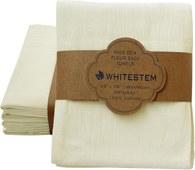 Flour Sack Towels | Tea Towel for Crafts | Kitchen Dish Cotton Blank Towel for Embroidery | Baking Bread Proofing Linen Cover | Thick Absorbent Quick Dry | 4 Pack 33"x38" Natural