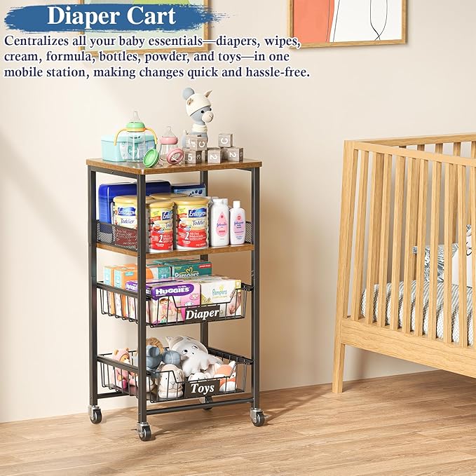 OKZEST 4 Tier Rolling Cart with Drawer Baskets, Metal Utility Storage Cart with Wheels and Wood Top for Living Room, Kitchen, Home Office, Bedroom, Pantry, Baby Essential, Makeup, Snack, Craft, Black