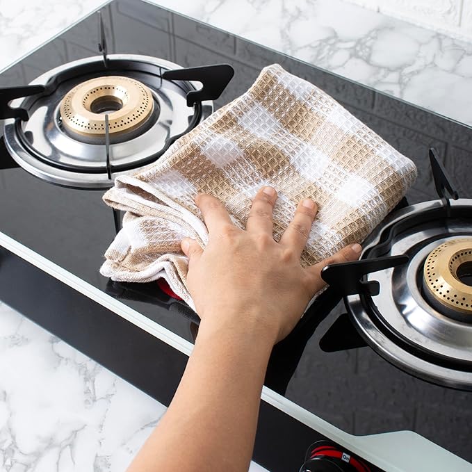 Blue Needles Set of 4 Waffle Weave Kitchen Towel, 15x25 Inches 100% Cotton Check Plaid Dish Towels for Kitchen, Soft & Absorbent for Quick Drying with Hanging Loop, Spring Summer - Beige & White