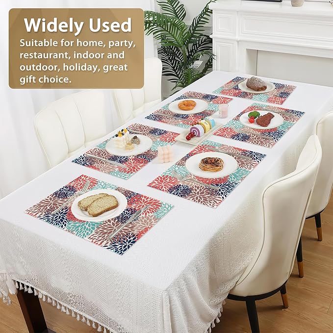 Pink Blue Dahlia Flower Place Mats Set of 6, Table Mats Heat Insulation Non Slip Washable Dining Placemats for Wedding Holiday Party Kitchen Decor 12X18 in