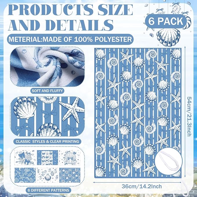 Breling Set of 6 Coastal Beach Kitchen Towels Blue Bow Dish Towel Bathroom Decorative Ocean Seashell Nautical Rustic Hand Cloths for Kitchen Bathroom Home Cooking Housewarming Gifts, 14 x 21 Inch