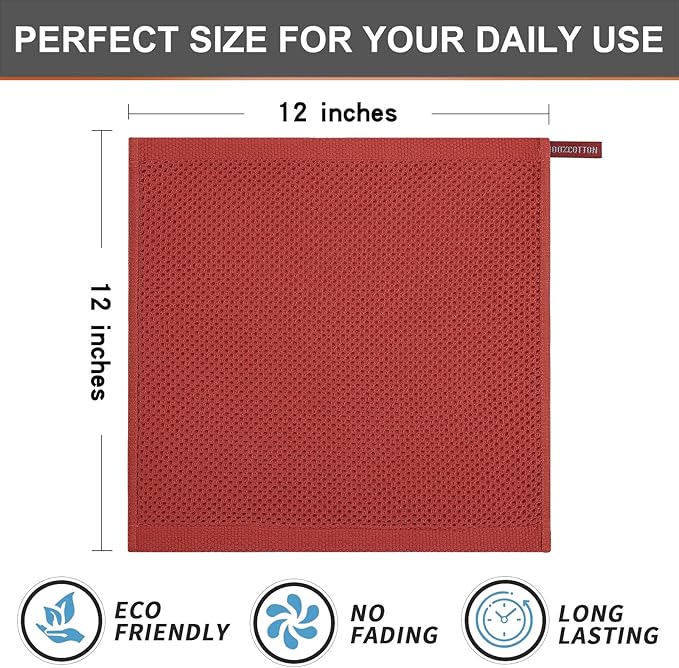Kitinjoy 100% Cotton Kitchen Dish Cloths (12 X 12 Inches, Brick Red), 6 Pack Waffle Weave Ultra Soft Absorbent Dish Towels for Drying Dishes Quick Drying Kitchen Towels Dish Rags