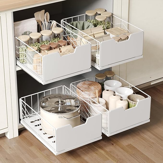 NETEL Pull Out Cabinet Organizer, 4 Pack No Drill Slide Out Drawers for Kitchen Cabinets, Metal Pantry Pull Out Shelves, Kitchen Cabinet Organizer, Pull Out Home Organizers,11.8"W X 15.7"D X 6.9"H