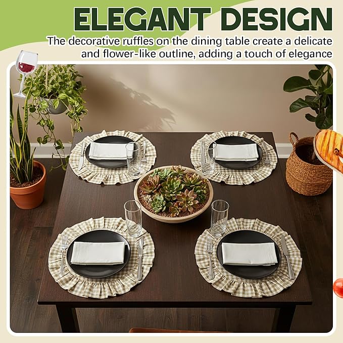 4 Pcs 15 Inch Linen Scalloped Round Placemats, Thin Plaid Place Mats with Ruffle, Washable Placemats Table Mats for Kitchen Dining Holiday Gatherings Decor(Light Brown, Gingham)