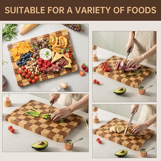 Bamboo Cutting Boards for Kitchen, End Grain Wood Cutting Board with Juice Grooves & Handles, Charcuterie Checkered Chopping Board Thick Butcher Block Serving Tray with Gift Box, 16.5"×11.6"× 1"