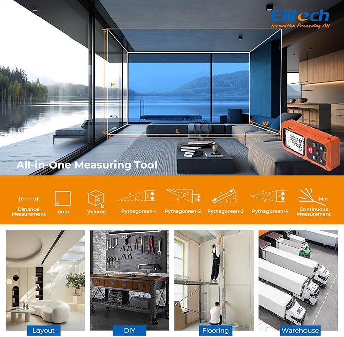 Elitech Laser Measuring Tool 165ft with Mute, Ft/in/M Switching for Home Renovation & DIY