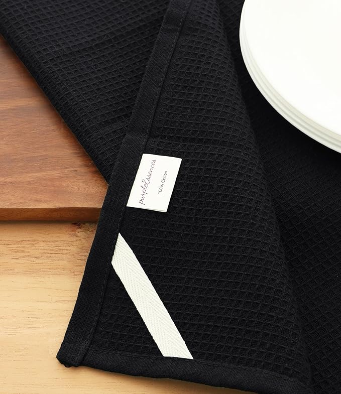 PurpleEssences Waffle Weave Kitchen Towel, 100% Cotton - 15x25 Inches with Hanging Loop, Ultra Soft Absorbent Quick Drying Dish Cloth, Tea and Hand Towels, 6 Pack - Spring Easter Summer - Black