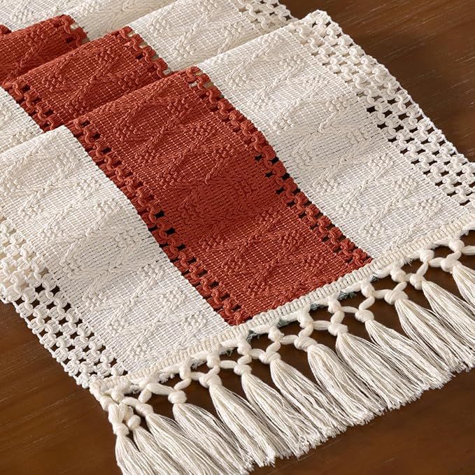 DeZerlor Boho Macrame Table Runner Terracotta Spring Easter Farmhouse Woven Table Runner with Tassels 72 Inches Ivory& Rust Cotton Linen Kitchen Table Decor for Dining Dresser Home Tea Table Decor