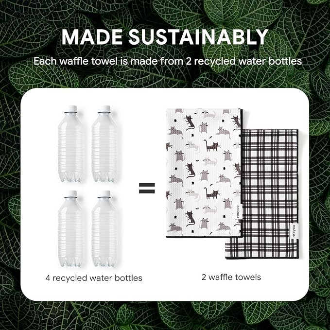 RECYCO Waffle Kitchen Towel Set of 2 - Quick Dry Microfiber Sustainable Dish Towels - Absorbent Reusable Cleaning Tea Towels - Lightweight Hand Towels,16”x 28”, Shadow Meow