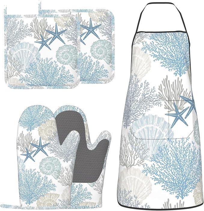 Nautical Coastal Oven Mitts Pot Holders Blue Cooking Apron Set of 5 Silicone Starfish Seashell Coral Beach Themed Kitchen Glove Blue Apron Non-Slip Heat Resistant for Chef Baking Cooking