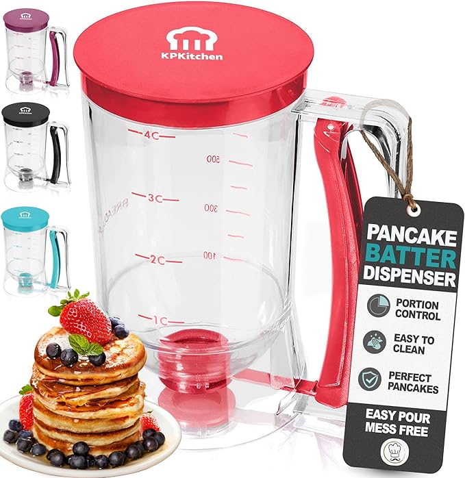 Pancake Batter Dispenser - Kitchen Must Have Tool for Perfect Pancakes, Cupcake, Waffle, Muffin Mix, Cake & Crepe - Easy Pour Baking Supplies for Griddle - Pancake Maker with Measuring Label (Red)