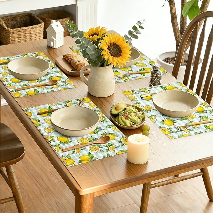 comfoyar Summer Lemon Placemats Set of 4, 12x18 Inch Non-Slip Linen Flower Leave Place Mats, Washable Absorbent Plaid Table Mats for Kitchen Dining Party Table Decoration