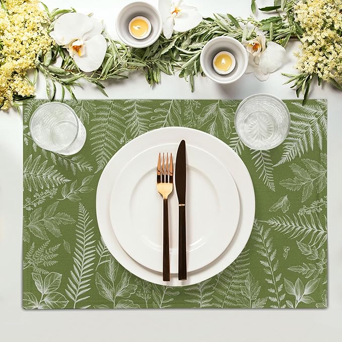 Spring Wild Fern Leaf Plants Placemats Set of 4, 12 x 18 Inch Green Place Mats Washable Kitchen Dining Linen Table Mats for Dining Table Kitchen Decoration