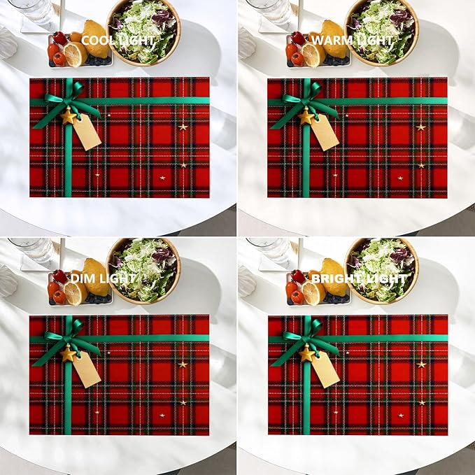 Batmerry Placemats,Bow and Empty Tag On Scottish Plaid Washable Linen Table Mats for Kitchen Table Double Insulation Decor Dining Set Indoor Outdoor 12X18 in Set of 4