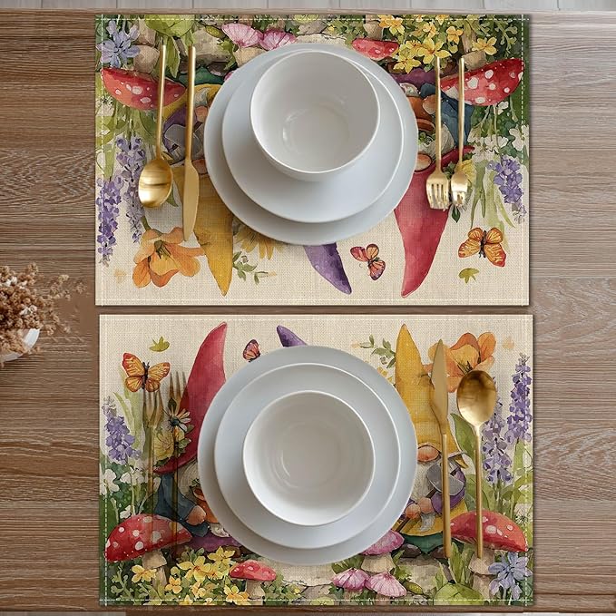 HOMETITUTE Gnome Artwork Linen Placemats Set of 4 12x18 inch Spring Table Mats for Dining Table Farmhouse Decorations Kitchen Decor Desk Mat for Outdoor Home Party Kitchen Seasonal Dining Decor