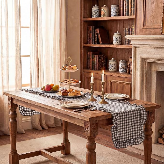 HunnmingRe 1 Pcs Dark Brown Plaid Gingham Ruffle Table Runner 118 x 13.8'' Farmhouse Table Runner 100% Cotton Scalloped Long Dresser Scarves for Dining Room, Wedding, Kitchen Rustic Home Decor