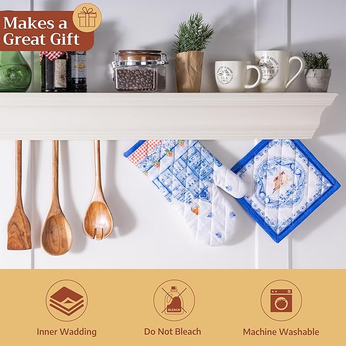 Maison d' Hermine 100% Cotton Oven Mitt & Pot Holder Set (7.5"x13" & 8"x8") Heat Resistant Cooking Gloves with Loop Baking Grilling Kitchen Gifts for Mothers Day Spring/Summer (Amsterdam Canals)