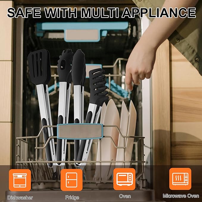 4 PCS Kitchen Tongs with Silicone Tips, 9 & 12-Inch Heat Resistant Silicone Tongs for Cooking Stainless Steel Spaghetti Tong Pasta Tong for Serving Food, Spaghetti, Pasta, BBQ, Salad (4PCS)