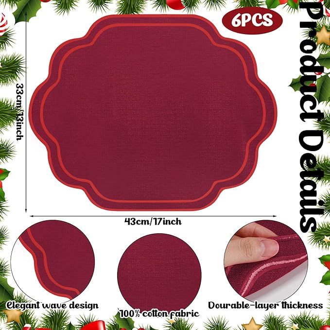 Breling 6 Pcs Wedding Placemats Scalloped Embroidered Cotton Linen Placemats 17" x 13" Double Layered Machine Washable Table Place Mat for Party Table Decor (Wine Red)