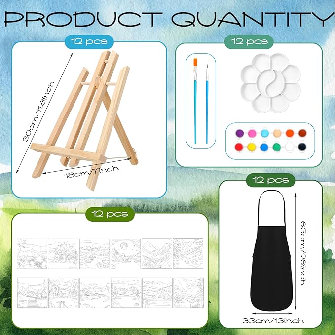 Motipuns 12 Set Pre Drawn Canvas for Painting for Adults Sip and Paint Kit with Easels 8 x 10 Inches Paint Party Kit with Printed Canvas Paints Brushes Palette Bag Apron(Landscape)