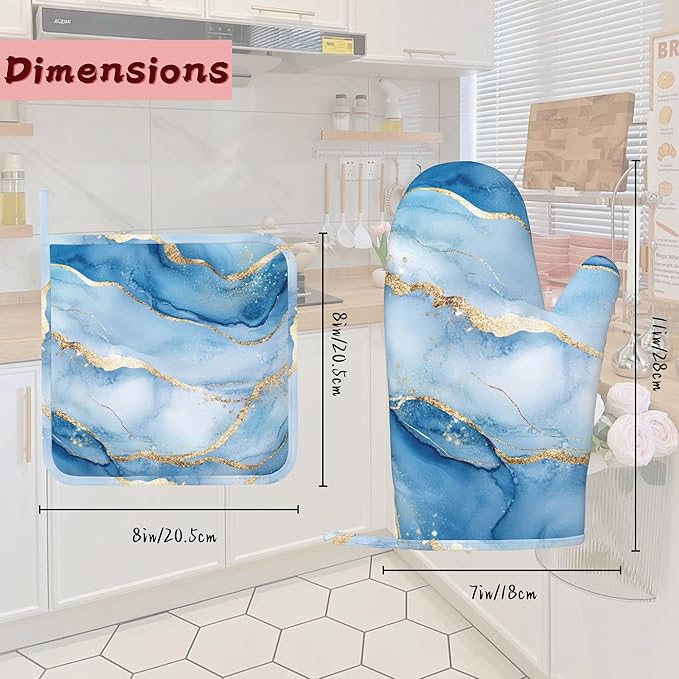 Blue Gold Marble Heat-Resistant Silicone Oven Mitts and Pot Holder 4 Piece Set,Non-Slip Kitchen Oven Gloves for Baking, BBQ, Cooking,Grilling