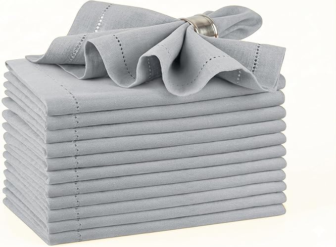 Palisa Grey Cotton Napkins Set of 12 | Premium Hemstitch Detailing Cloth Dinner Napkins 18x18 Inch | Soft Washable & Reusable Table Napkins for Everyday Use Weddings Parties Restaurants & Hotels