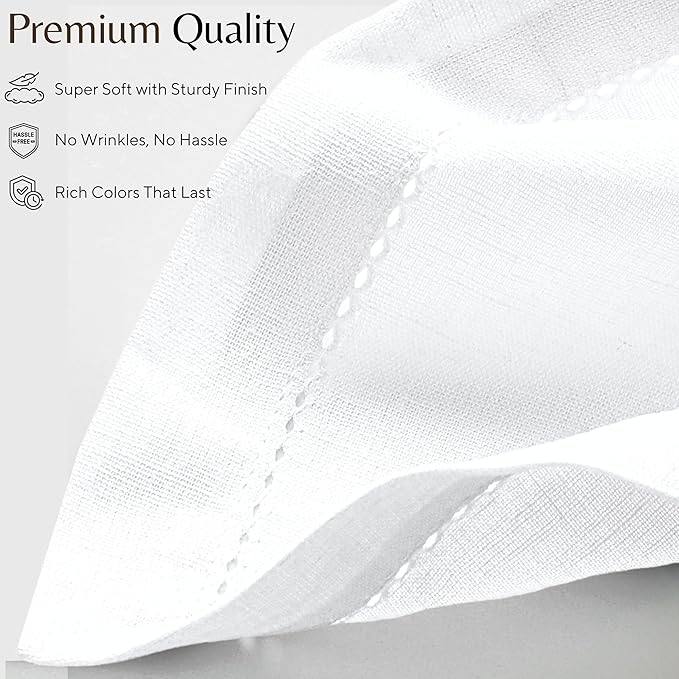 Ramanta Home Decorative Cloth Dinner Napkins Set of 12, 20x20 Inch White Hemstitched Flax Cotton Napkins with Mitered Corners, Oversized Use, Parties, Weddings, Spring, Easter Cloth Napkins