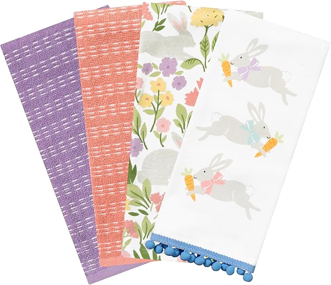 Ritz 100% Cotton Kitchen Towels, Easter Bunny Spring – 16"x26" – Absorbent Dish Towels for Drying & Cleaning – Soft & Durable (Set of 4)