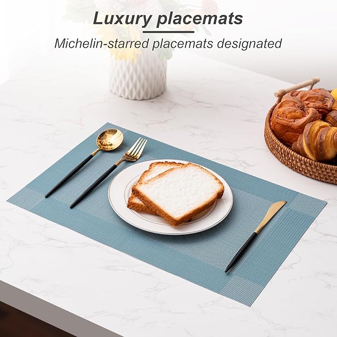 CADONO Placemats Set of 6 Washable Indoor/Outdoor Vinyl Place Mats for Dining Table Durable Non-Slip Heat Resistant PVC Weave Table Mats（Four-Corner-Blue）