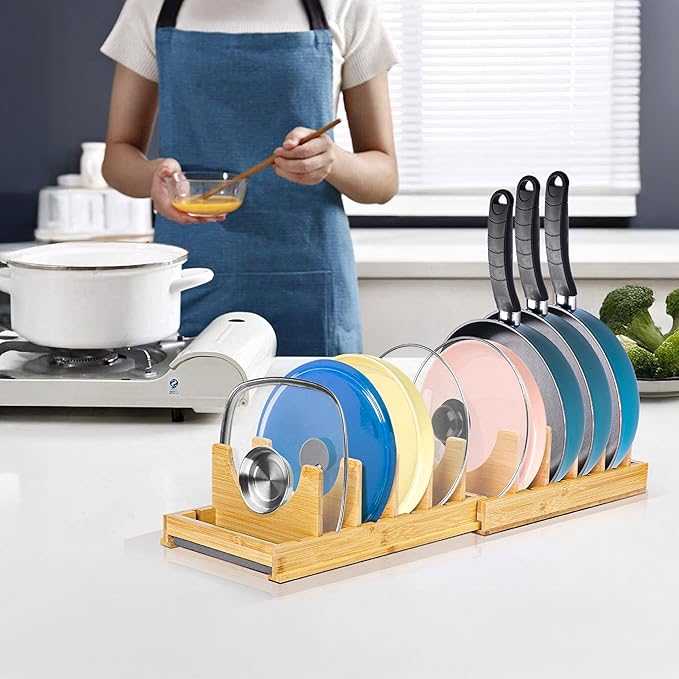 [Adjustable] Bamboo Pots and Pans Organizer under Cabinet, Expandable Bakeware & Cutting Board Organizers with Diatomaceous Earth Base & 10 PCS Adjustable Dividers, Tray Organizer for Kitchen Storage